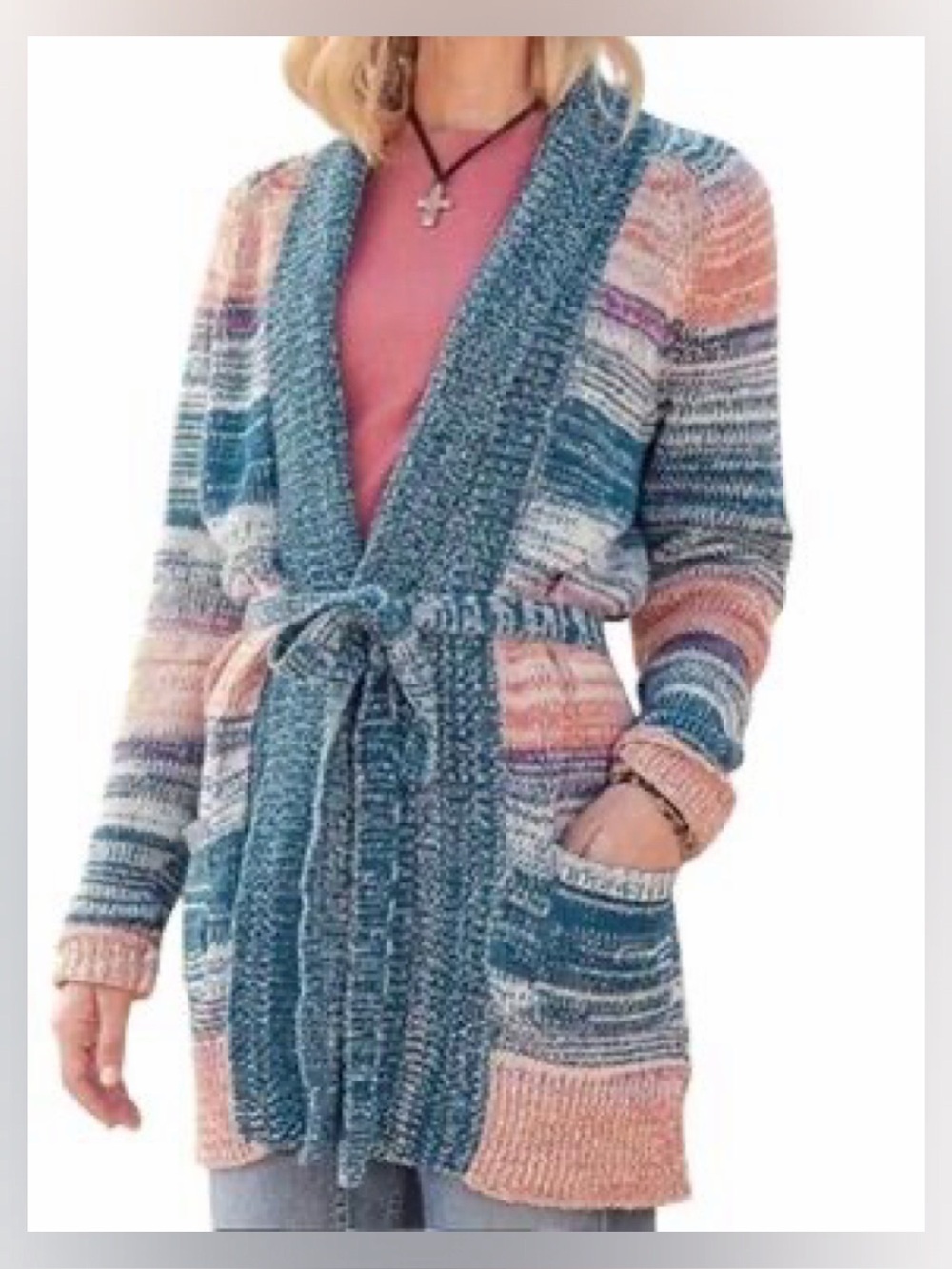 Sundance Hayden Striped Long Knit Duster Sweater Cardigan With Tie Size XL